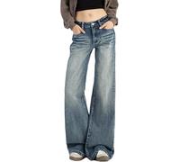 Vagbalena Jeans Larges à Poches de Printemps pour Femmes Jeans mi-Hauts Jeans Amples des années 90 Jambes Droites Jeans Amples à Taille Basse pour Femmes (Bleu 1,S)