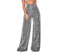 Vagbalena Pantalon Large Femme métallisé Brillant Taille Haute Pantalon Clubwear Disco Pantalon évasé Ample Paillettes Taille Haute Pantalon Large Streetwear (Gris,XL)