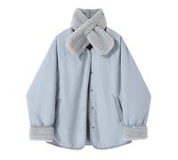 Vagbalena Reversible Stand Collar Fleece Jacket for Winter Teen Fashion Business Office Lightweight Button-Down Wool Coat with Stripes and Scarf (Blue,Grand)