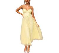 Vagbalena Robe rétro en Maille pour Femme Sexy décolleté Halter Robe de soirée Robe de Bal à Volants Longs Taille Haute Robe de Bal de Promo Robe de mariée (Jaune,M)