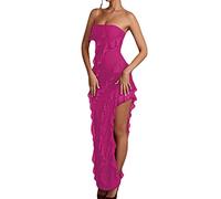 Vagbalena Robe Tubulaire à Volants pour Femmes Robe Fendue Y2k sans Manches à Dos Ouvert Tenue américaine Sexy à Volants (Rose Rouge,M)