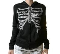 Vagbalena Sweat à capuche zippé à motif de crâne pour femmes chaîne pour adolescents imprimé os sweat à capuche ample streetwear gothique hauts y2k (Black,Grand)