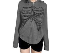 Vagbalena Sweat à capuche zippé à motif de crâne pour femmes chaîne pour adolescents imprimé os sweat à capuche ample streetwear gothique hauts y2k (Grey,S)