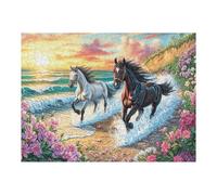 Vague de Plage Paire de Chevaux en Course Faune Sauvage Nature Sauvage Puzzle 500 Pièces pour Adultes Agréable Amusant Et Relaxant Parfait pour Passe Temps Et Hobby 500 PCS（52×38cm）