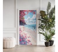 Vague Plage Effet 3D Sticker Porte, Plante Fleur Papier Autocollant Porte Mural Décoration, Romantique Stickers Muraux Amovible PVC 77x200 cm