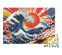 Vague Soleil Fleur de Cerisier Puzzle Mini 1000 Pièces pour Adultes | 52x38cm Carton Jeu de Puzzle Ornement de Chambre Détente de l'Esprit Découpe Précise