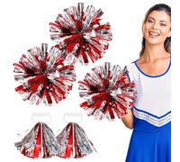 Vaguelly 4 pièces Pompons de Cheerleading PE Doux Vif et Argenté avec Anneaux Quatre Doigts Légers et Confortables pour Esprit Équipe et Performances Sportives