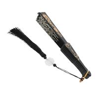 Vaguelly Éventail Pliant Main Brodé Style Ancien Noir avec Pompon Éventail à Main Oriental pour Femme Accessoire Décoration et Séance Photo Ventilateur Portable et Élégant