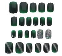 Vaguelly Faux Ongles Courts à Coller 24 Pièces Manucure Décoration Nail Art Ongles Amovibles Cristal Vert Foncé Effet Œil de Chat Accessoires Nail Art pour Femmes Usage Automne/Hiver