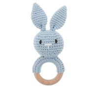 Vaguelly Hochet lapin crocheté pour nouveau-né avec anneau de dentition en bois. Hochet lapin tricoté à la main pour bébé, pour le développement sensoriel.