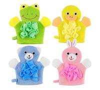 Vaguelly Lot de 4 Moufles Exfoliants pour Garçon et Filles à Motifs Dessin Animé Moufles Bébé en Tissu Doux Couleurs Assorties Jaune Canard Vert Grenouille Rose Lapin Bleu Ours pour