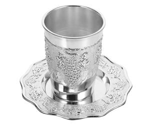 Vaguelly Verre de kiddoush en alliage de zinc, coupe à vin juive gravée avec soucoupe, 1 set pour Shabbat et les grandes fêtes juives