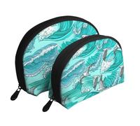 Vagues, Croquis, Mouette, Oiseaux, Trousse de Maquillage Coquille Femme Petit Porte-Monnaie Trousse de Toilette Trousse à cosmétiques 2 pièces