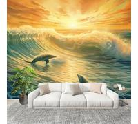 Vagues de L'OcéAn CréPuscule Dauphins Papier Peint Intissé Fresque Murale 400x280 cm Paysage Poster Murale Photo pour Salon, Chambre, Salle à Manger, Effaçable Papier Peint Panoramique