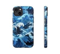 Vagues de l'océan de style japonais dessinées à la main - Coque rigide brillante - Compatible avec iPhone 14 Plus