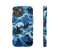 Vagues de l'océan de style japonais dessinées à la main - Coque rigide brillante - Compatible avec iPhone 15