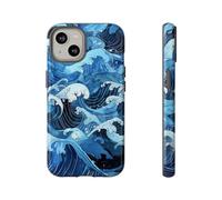 Vagues de l'océan de style japonais dessinées à la main - Coque rigide brillante - Compatible avec iPhone 14