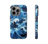 Vagues de l'océan de style japonais dessinées à la main - Coque rigide brillante - Compatible avec iPhone 14 Pro