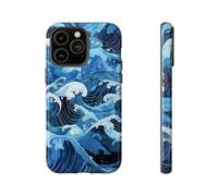 Vagues de l'océan de style japonais dessinées à la main - Coque rigide brillante - Compatible avec iPhone 14 Pro Max