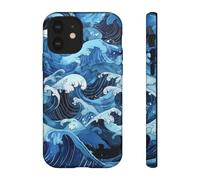 Vagues de l'océan de style japonais dessinées à la main - Coque rigide brillante - Compatible avec iPhone 12