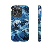 Vagues de l'océan de style japonais dessinées à la main - Coque rigide brillante - Compatible avec iPhone 15 Pro