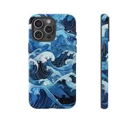 Vagues de l'océan de style japonais dessinées à la main - Coque rigide brillante - Compatible avec iPhone 15 Pro Max