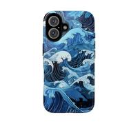 Vagues de l'océan de style japonais dessinées à la main - Coque rigide brillante - Compatible avec iPhone 16