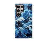 Vagues de l'océan de style japonais dessinées à la main - Coque rigide brillante - Compatible avec Samsung Galaxy S24 Ultra