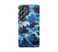 Vagues de l'océan de style japonais dessinées à la main - Coque rigide brillante - Compatible avec Samsung Galaxy S25 Ultra