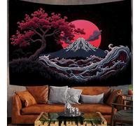 Vagues De Sun Mountain Tapisserie Murales, Style Japonais De Décoration Tissu D'impression Rectangulaire, Rouge Tapisserie Murale Pour Salon Chambre à Coucher 150x100cm