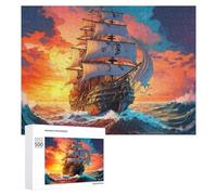 Vagues du Coucher de Soleil Puzzles Bateau Pirate Puzzle en Bois Robustes et Naturelles Puzzle en Bois qualité Premium créatif Jeu Jouet Puzzle Adulte,Cadeau Anniversaire fête