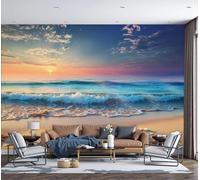 Vagues, Étoiles De Mer, Coucher De Soleil Papier Peint Panoramique Paysage Côtier Papier Peint Soie Raccord Poster Geant Mural 250x175cm pour Salon Chambre d'enfants restaurant Décoration Murale