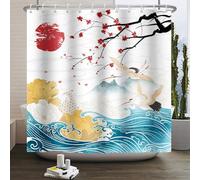Vagues Japonaises Rideau de Douche 180x180 cm Anti Moisissure 3D Fleurs de Cerisier Rideaux de Baignoire Tissu Lavable Imperméable Polyester pour Rideau Douche Salle avec 12 Crochets e.692