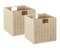 Vagusicc Lot de 2 paniers de rangement en osier tissés à la main pour étagères avec poignées - Paniers de rangement pliables pour garde-manger, chambre à coucher, organisation et décoration - Beige -