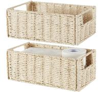 Vagusicc Lot de 2 petits paniers de rangement en osier tissé pour organiser avec poignées - Paniers de rangement pliables pour papier toilette pour réservoir de toilettes, salle de bain, beige