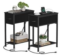 Vagusicc Lot de 2 tables d'appoint avec station de charge, petite table d'appoint avec tiroir en tissu et étagère de rangement inférieure, table de chevet étroite pour petits espaces, salon, chambre à