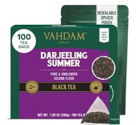 VAHDAM Darjeeling Summer Thé Noir | 100 Sachets Pyramide | Sachets de thé Darjeeling d'Inde non mélangé, récolte d'été aux notes fruitées