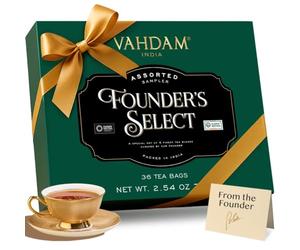 VAHDAM, Founder's Select - Coffret cadeau échantillons de thé assortis - 8 saveurs, 40 sachets de thé pyramide - Thé noir, thé vert, thé chai, cadeau de Saint-Valentin pour femme/mari