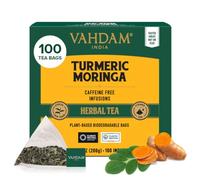 VAHDAM, Turmeric Moringa Tisane (100 Sachets De Thé Pyramid) Sans Caféine | 100% Pur Et Naturel, Curcuma & Épices Fraîches | Directement De La Source En Inde | Infusion Chaude/Glacée