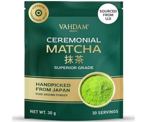 VAHDAM Matcha Cérémonial 30g | Matcha de Qualité Cérémoniale Supérieure de Uji, Japon | Poudre Ultra-Fine et Veloutée | Saveur Délicate Sans Amertume | Idéal pour la Thé et le Matcha Latte