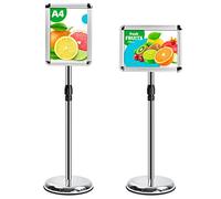 VAIIGO A4 logo rack support d'affiche réglable aluminium snap - on cadre menu support publicitaire interchangeable présentoir au sol avec coin de sécurité et base ronde stable (argent, A4)