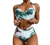 VaiKanhai Imprimé Haut Wrap Avant Taille Couleur Maillot de Bain Femmes Pièce Up Récolte Plaques d'eau + Short Deux Deux Pousser Bikini Ruches Rétro Maillot de Bain Ensemble Montre Avec Réveil, vert