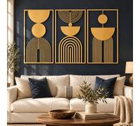 VAILLA Boho Dore 3 Pieces Decoration Murale Bois 3D - Tableau Salon | MDF decoupe laser, Set 3 pieces Boho, finition doree, 5 tailles, fixation au choix, salon bureau entree