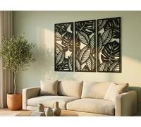 Vailla Feuilles Tropicales Décoration Murale Bois 3D - Triptyque Mural XXL | MDF, Découpé au laser, Feuilles tropicales Monstera, 5 tailles, Noir Argent Or, personnalisable, Salon Chambre