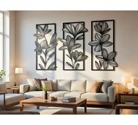 Vailla Fleurs Décoration Murale Bois 3D - Triptyque Mural Salon Chambre | MDF, Découpé au laser, Composition florale, lot de 3, 5 tailles, Noir Argent Or, personnalisable, Salon Chambre