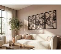 Vailla Fleurs Décoration Murale Bois 3D - Triptyque Mural Salon Chambre | MDF, Découpé au laser, Composition florale, lot de 3, 5 tailles, Noir Argent Or, personnalisable, Salon Chambre