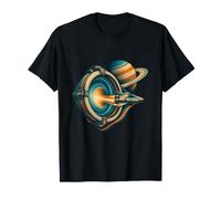 Vaisseau Spatial à côté d'un Portail tourbillonnant et d'une planète annelée T-Shirt