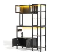 Vaisselier buffet salle à manger avec vitrine verre trempé, étagères multil niveaux, niche micro-ondes, placard bas, porte-verres à vin, LED télécommandée, prises 2AC USB USB-C, câble 1,5 m (Noir)