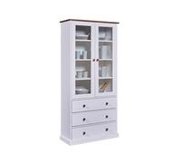 Vaisselier vitrine en pin massif vernis blanc/sepia - Longueur 90 x Profondeur 38 x Hauteur 190 cm --