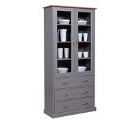 Vaisselier vitrine en pin massif vernis gris/sepia - Longueur 90 x Profondeur 38 x Hauteur 190 cm --
